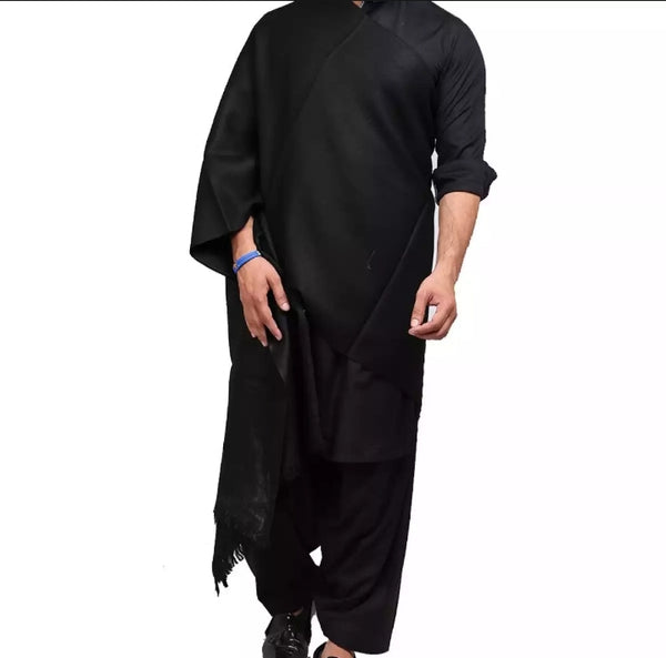 Black Kashmiri Pure Woolen Dhussa Shawl.