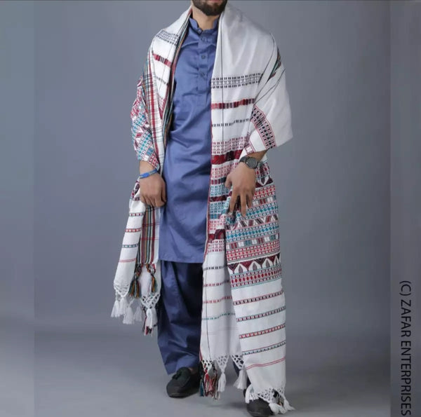 White Colorful Tharri / Wadera shawl.