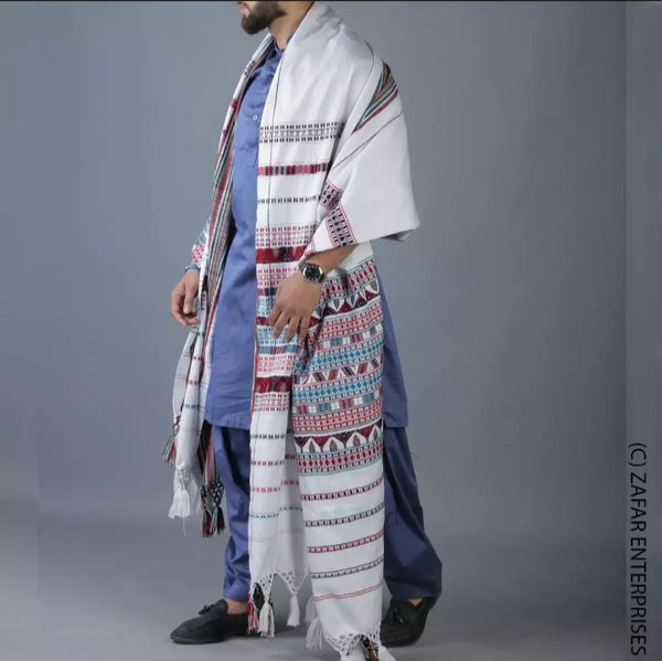 White Colorful Tharri / Wadera shawl.