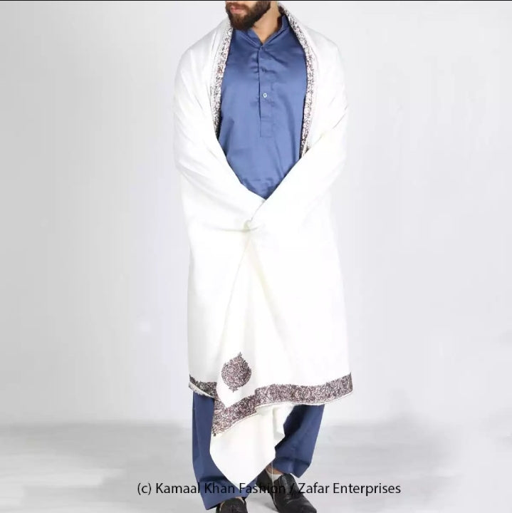 White Kashmiri Resham Kar ( Handmade ) Shawl.