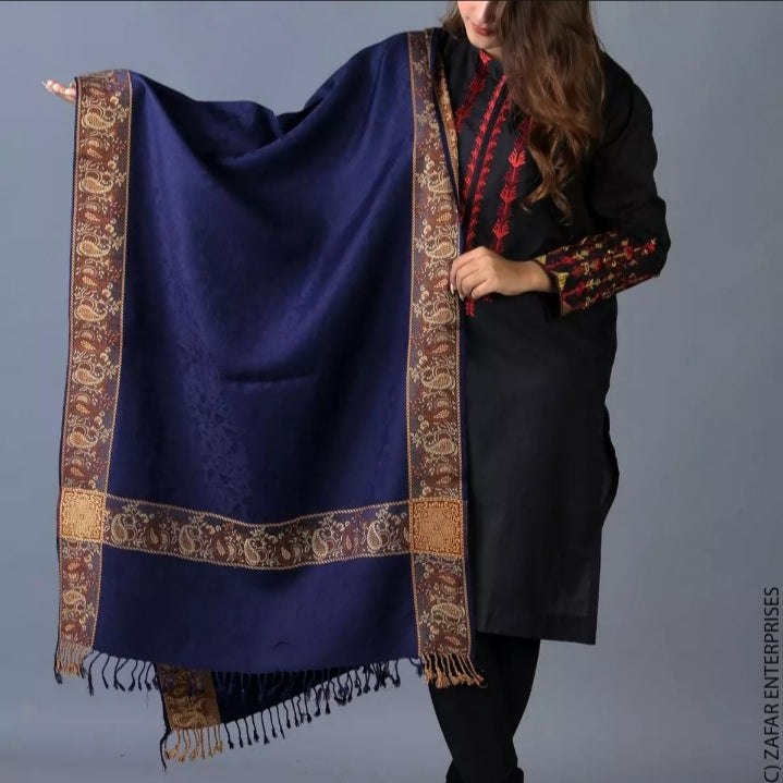 Navy Blue Four Border Stole for Women.