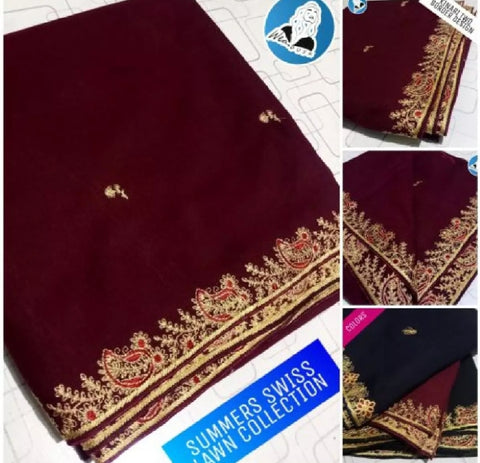 2 pieces Maroon Tow Border Lawn Fabric Shawl.