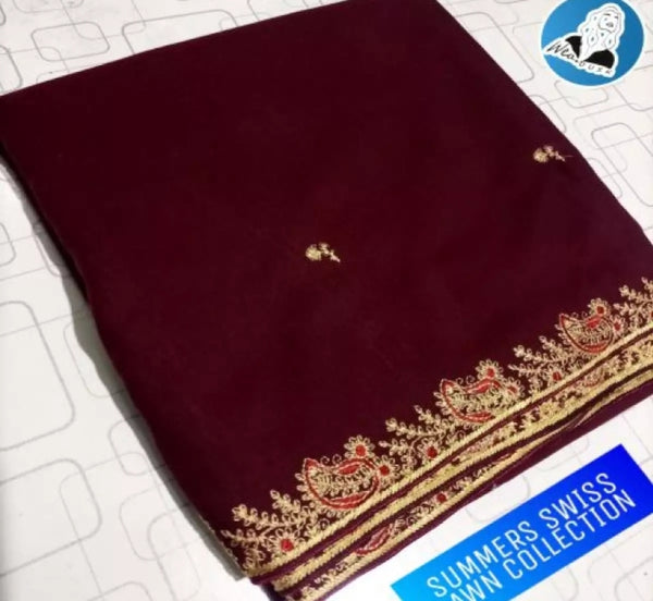 2 pieces Maroon Tow Border Lawn Fabric Shawl.
