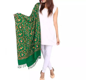 2 pieces Mongia Green Kashmiri Water Pashmino Embroidery stole.