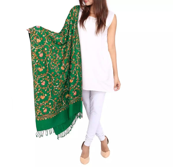 2 pieces Mongia Green Kashmiri Water Pashmino Embroidery stole.
