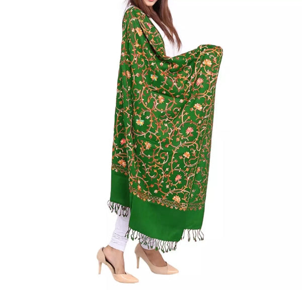 2 pieces Mongia Green Kashmiri Water Pashmino Embroidery stole.
