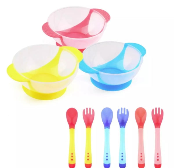 Baby Bowl set with temperature sensing spoon and fork with section cup.