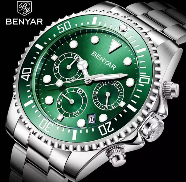 BENYAR Luxury chronograph full steel watch with box.