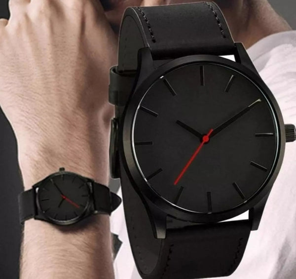 Black stainless steel leather wrist watch.