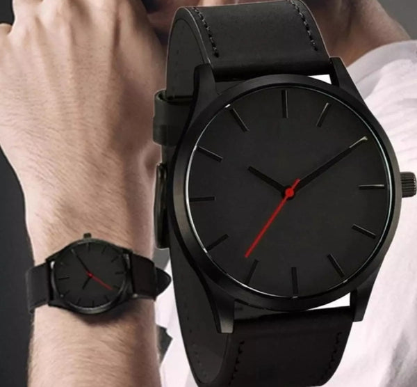 Black stainless steel leather wrist watch.