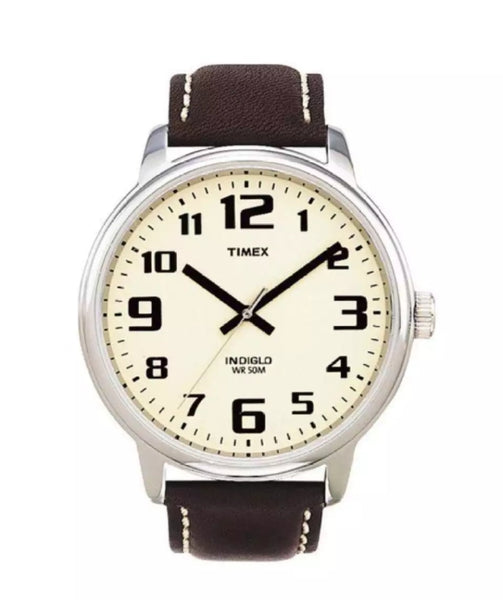 Easy reader watch with brown leather strap.