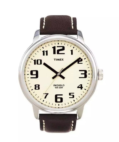 Easy reader watch with brown leather strap.