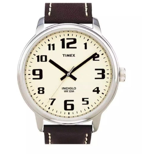 Easy reader watch with brown leather strap.