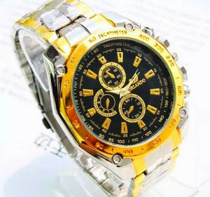 Creative sports watch room gold three eyes, Man business steel watch.