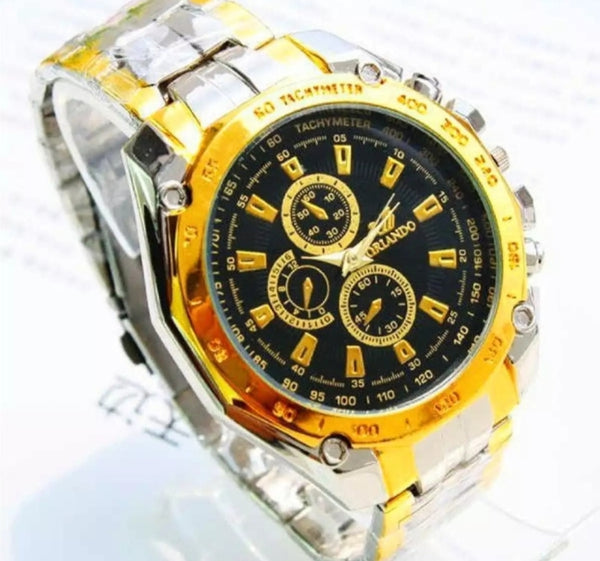 Creative sports watch room gold three eyes, Man business steel watch.