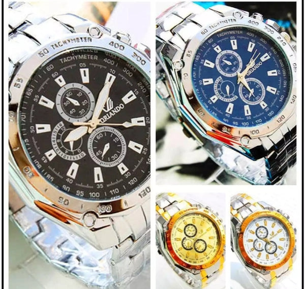 Creative sports watch room gold three eyes, Man business steel watch.