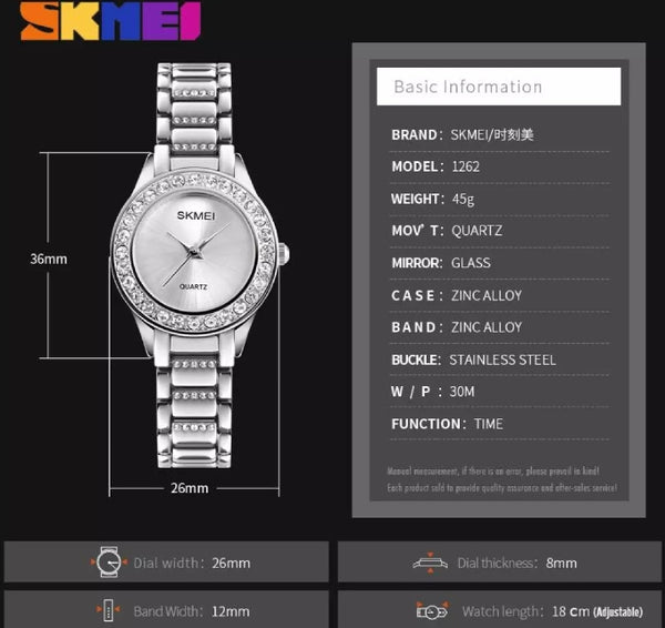 SKMEI woman fashion watch luxury stainless steel and waterproof watch.