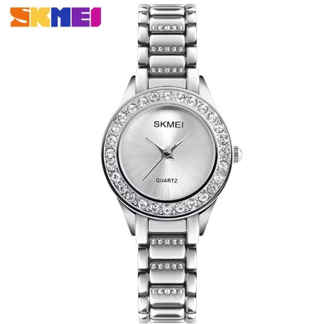 SKMEI woman fashion watch luxury stainless steel and waterproof watch.
