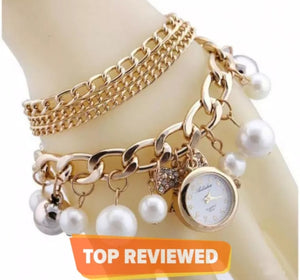 Golden pearls crystal bracelet watch for woman.