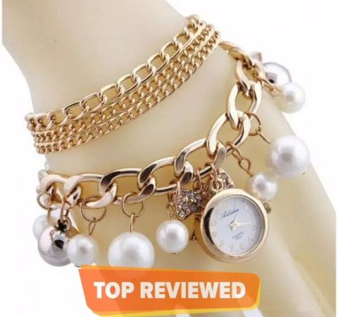Golden pearls crystal bracelet watch for woman.