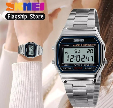 SKMEI fashion ladies waterproof stainless steel watch back light alarm digital watch.