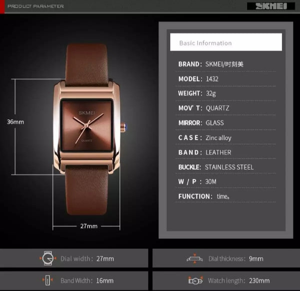 SKMEI fashion Quartz top brand luxury leather ladies waterproof watch.