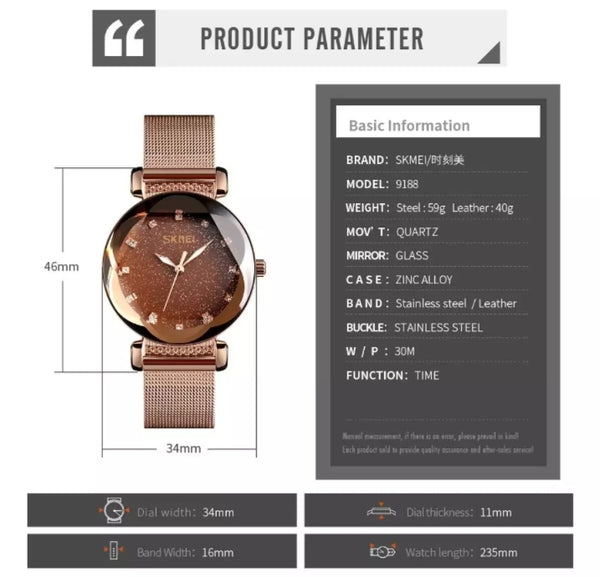 SKMEI fashion ladies Quartz casual stainless steel watch.