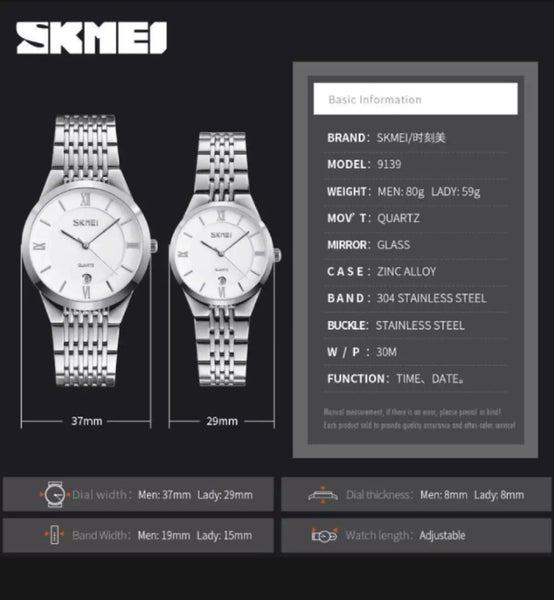 Skmei fashion couple Quartz stainless steel simple waterproof watch.