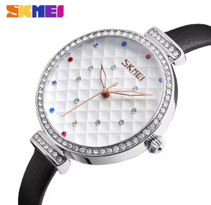 SKMEI fashion Ladies crystal waterproof Quartz leather female watch.