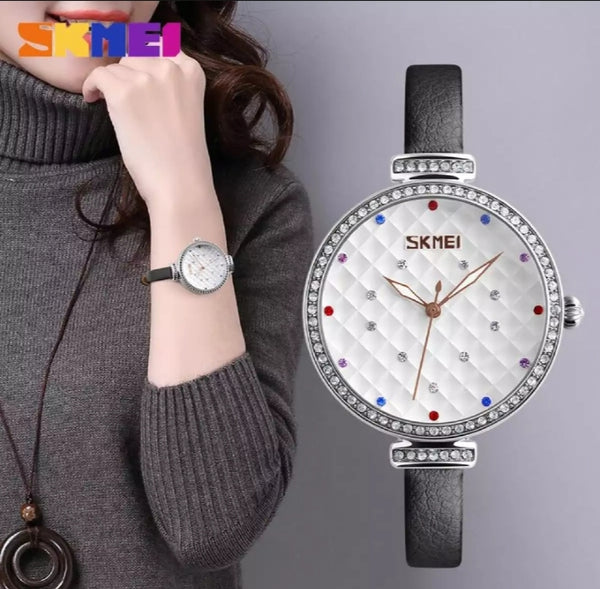 SKMEI fashion Ladies crystal waterproof Quartz leather female watch.