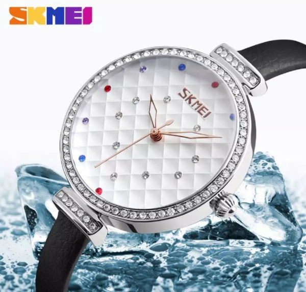 SKMEI fashion Ladies crystal waterproof Quartz leather female watch.