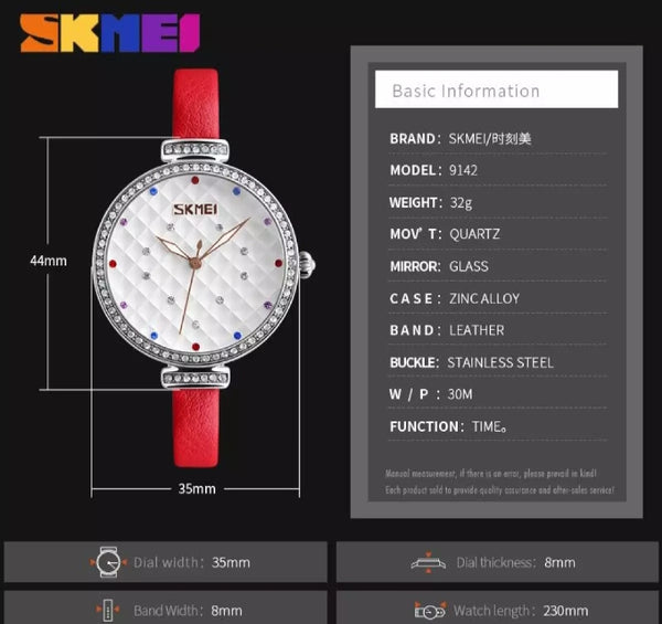 SKMEI fashion Ladies crystal waterproof Quartz leather female watch.