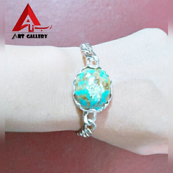 Hussaini Feroza Nishapuri Hussaini Feroza Turquoise With Pure Silver Bracelet