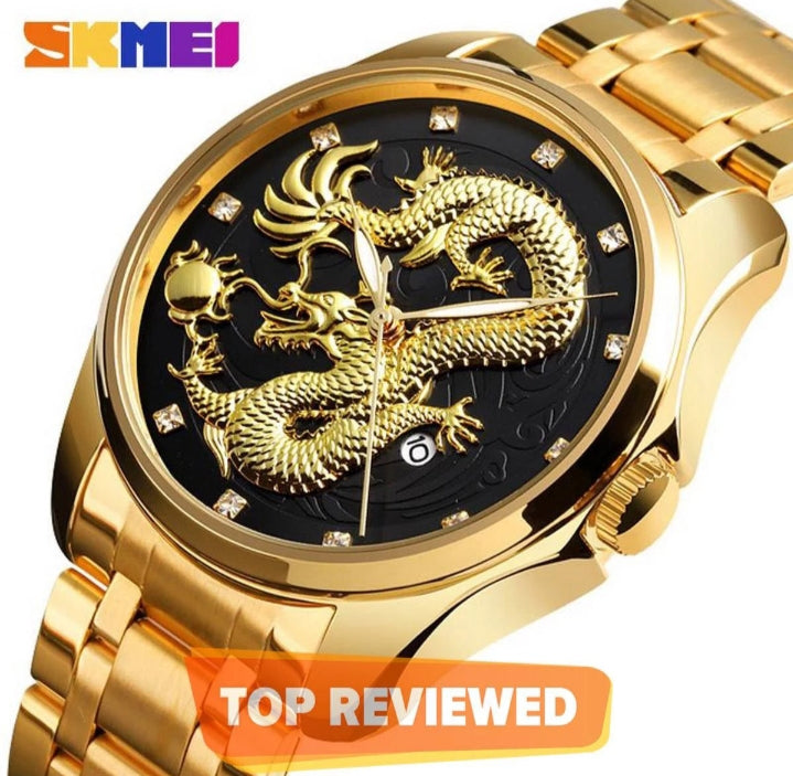 SKMAI fashion business dragon luxury gold stainless steel waterproof watch.