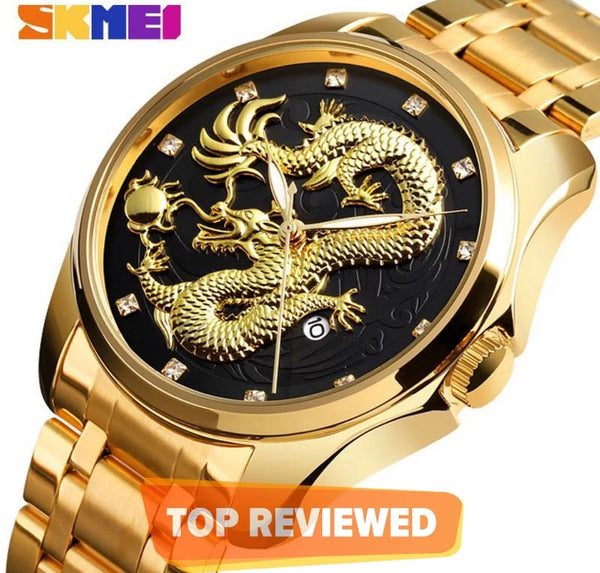 SKMAI fashion business dragon luxury gold stainless steel waterproof watch.