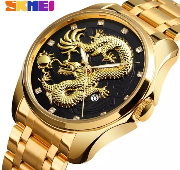 SKMAI fashion business dragon luxury gold stainless steel waterproof watch.