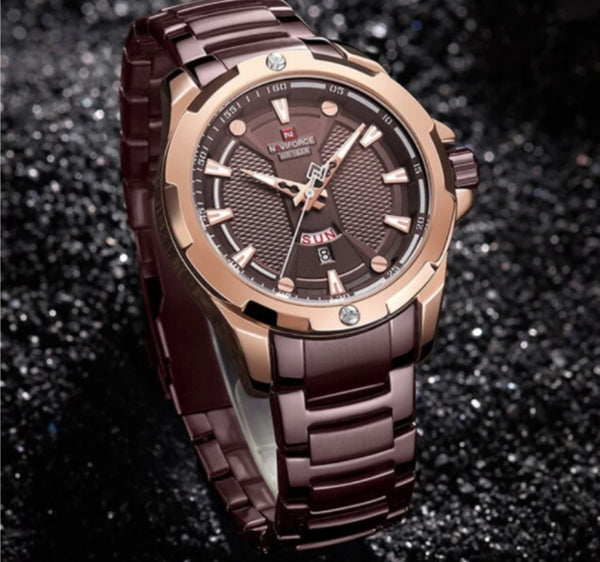 Day and date stainless steel waterproof watch with brand box