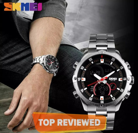 Stainless steel waterproof watch with dual display and LED digital alarm.