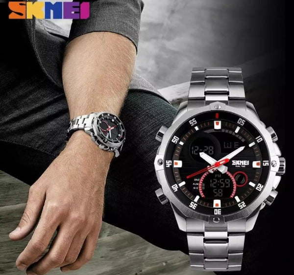 Stainless steel waterproof watch with dual display and LED digital alarm.