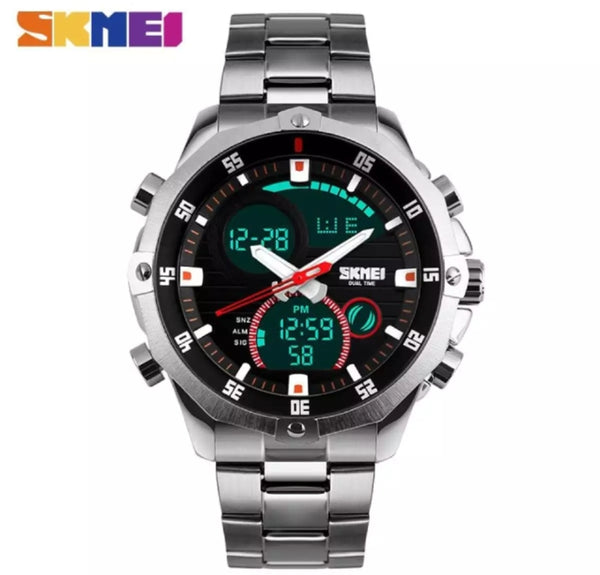 Stainless steel waterproof watch with dual display and LED digital alarm.