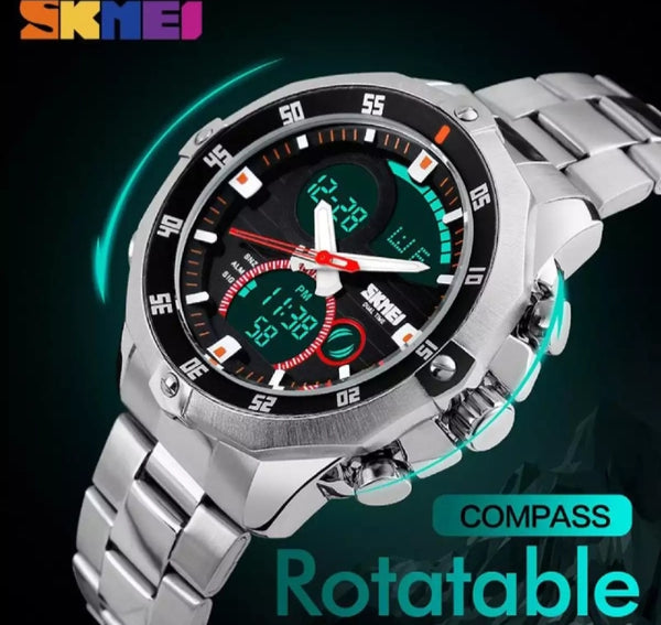 Stainless steel waterproof watch with dual display and LED digital alarm.