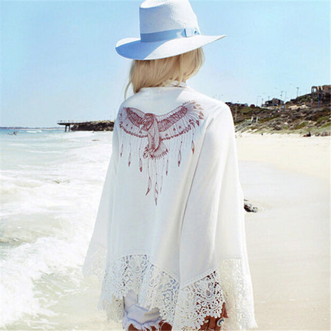 Summer Fashion Women Eagle Print Kimono Shirts Lace Crochet Long Sleeve Loose Cardigan Blouse Beach Cover Up Shawl Outwear
