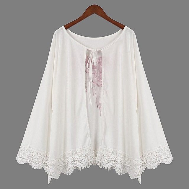 Summer Fashion Women Eagle Print Kimono Shirts Lace Crochet Long Sleeve Loose Cardigan Blouse Beach Cover Up Shawl Outwear
