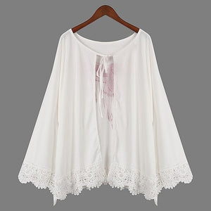 Summer Fashion Women Eagle Print Kimono Shirts Lace Crochet Long Sleeve Loose Cardigan Blouse Beach Cover Up Shawl Outwear