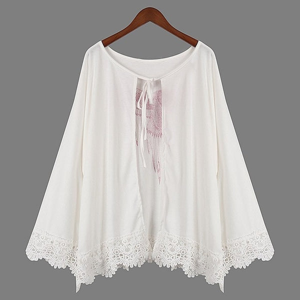 Summer Fashion Women Eagle Print Kimono Shirts Lace Crochet Long Sleeve Loose Cardigan Blouse Beach Cover Up Shawl Outwear
