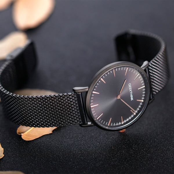Quartz watch men Black Casual Japan quartz-watch stainless steel Mesh strap ultra thin