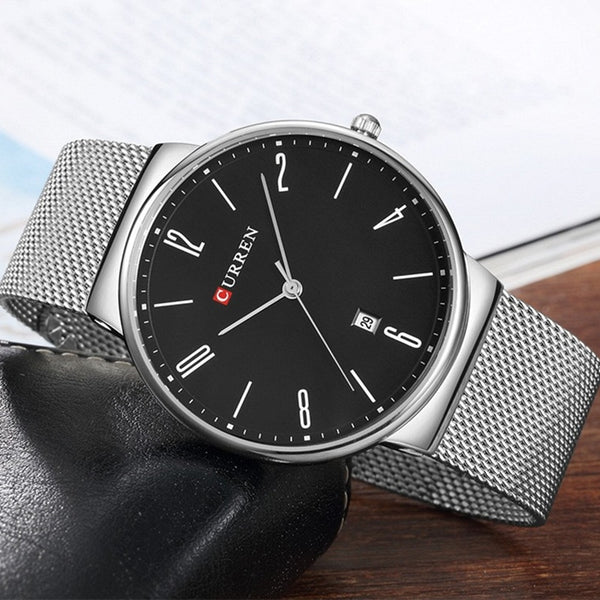 Luxury brand CURREN Quartz Watch Men Stainless Steel Mesh Strap Thin Clock Casual Wristwatch