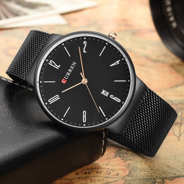 Luxury brand CURREN Quartz Watch Men Stainless Steel Mesh Strap Thin Clock Casual Wristwatch