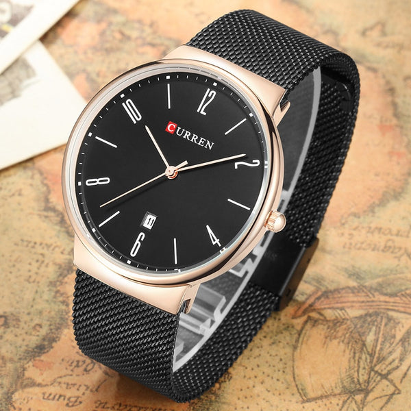 Luxury brand CURREN Quartz Watch Men Stainless Steel Mesh Strap Thin Clock Casual Wristwatch
