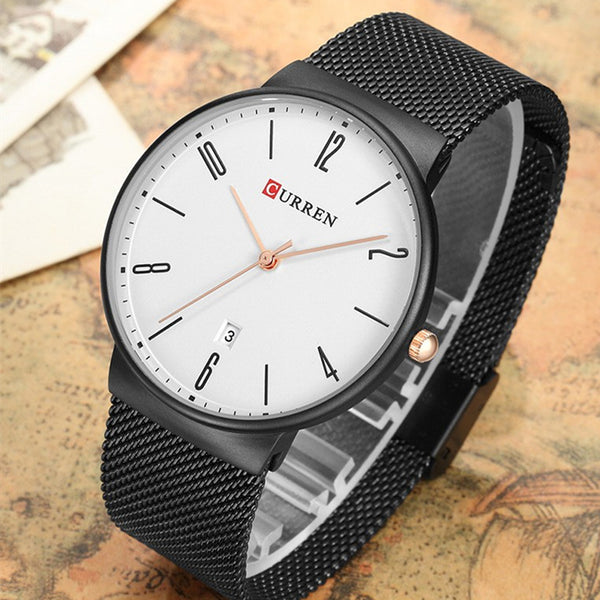 Luxury brand CURREN Quartz Watch Men Stainless Steel Mesh Strap Thin Clock Casual Wristwatch